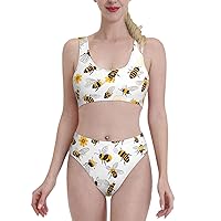 Flying Bees Daisy Honey Print Swimsuit Bikini Bathing Suit 2 Piece Swimsuit