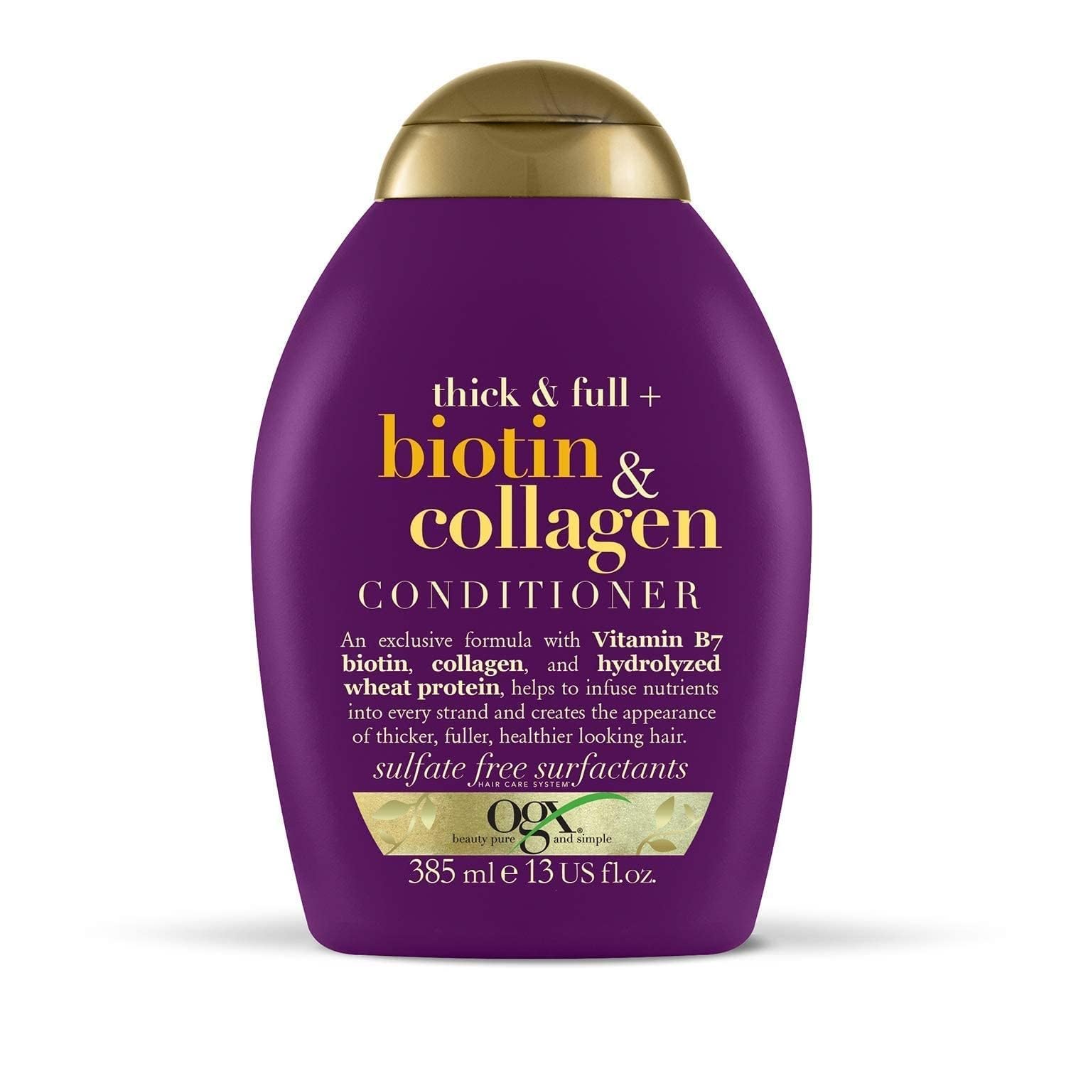 OGX Thick & Full + Biotin & Collagen Volumizing Conditioner for Thin Hair, with Vitamin B7 & Hydrolyzed Wheat Protein, Paraben-Free, Sulfate-Free Surfactants, 13 fl oz