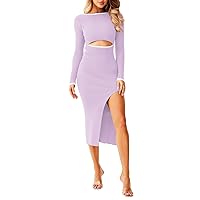 Pink Queen Women's Long Sleeve Bodycon Dress Crew Neck Cutout Ribbed Knit Slit Party Midi Dresses Outfits