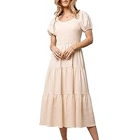 Summer Boho Smocked Midi Dresses for Women 2023 Casual Puff Short Sleeve Crew Neck A Line Tiered Graduation Dress