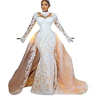 High Neck Lace Mermaid Wedding Dresses for Bride Long Sleeves with Detachable Train Illusion Bridal Ball Gowns Plus Size