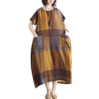 Flygo Women's Short Sleeve Summer Linen Dress Splicing Loose Baggy Maxi Dresses with Pockets