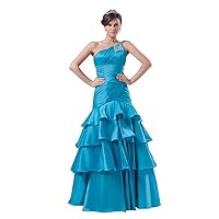 Blue One Shoulder Mermaid Tiered Skirt Prom Dress With Beaded Straps