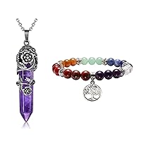 Top Plaza Bundle - 2 Items: 7 Chakra Real Stones Yoga Meditation Mala Bead Elastic Bracelets with Tree of Life Charm & Natural Amethyst Antique Silver Flower Wrapped Healing Crystal Necklace