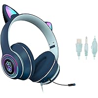 Cat Ear Gaming Headset with Mic RGB LED Light, Flashing Glowing Stereo Headphones, 7.1 Stereo Sound Surround Over-Ear Headset for PC, PS4, PS5, Nintendo Switch,Mobile(Navy Blue)