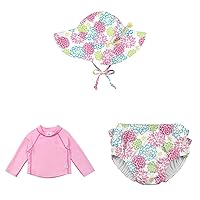 i play. Three-piece Brim Hat, Rashguard Shirt, and Snap Reusable Swim Diaper-Girl Baby & Toddler Full Outfit, UPF 50+