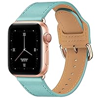 POWER PRIMACY Leather Bands Compatible with Apple Watch Band 38mm 40mm 41mm 42mm 44mm 45mm 49mm, Genuine Leather Strap Compatible for Women Men iWatch SE Ultra Series 9 8 7 6 5 4 3(Cyan Blue/Rosegold)