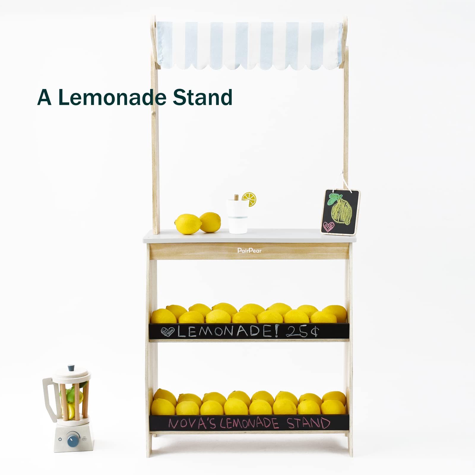 PairPear Grocery Store Pretend Play, Wooden Toys Lemonade Stand for Kids, Natural Style Market Stand Play Food Sets.