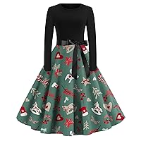 Womens Christmas Dress Women's Christmas Printed Flared Dress Round Neck Long Sleeve Dress Party Casual Dresses