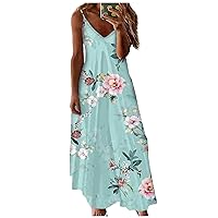 HTHLVMD Women Summer Maxi Dresses Sleeveless V Neck Casual Loose Flowy Beach Long Dresses Printed Spaghetti Strap Sundress
