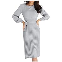 Long Sleeve Dresses for Women Fashion Casual Solid Color Round Neck Knitted Slim Fit Pleated Dress