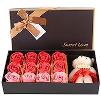 Akozon Soap Flower Box, 12 Rose Flower Soap Flower Plush Bear Rose Flower Petals Valentine's Day Romantic Gift with Box (red Gradient)
