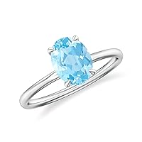 Natural Aquamarine Oval Solitaire Ring for Women Girls in Sterling Silver / 14K Solid Gold/Platinum