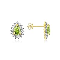 RYLOS Yellow Gold Plated Halo Stud Earrings - 6X4MM Pear Shape Gemstone & Diamonds - Exquisite Birthstone Jewelry for Women & Girls