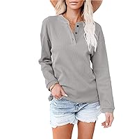 Women's V-Neck Solid Color Long Sleeve Top Ribbed Button Down Knit Fitted Tops Casual Blouses Stand Collar Tops