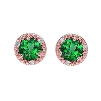 HALO STUD EARRINGS IN ROSE GOLD WITH SOLITAIRE LAB CREATED EMERALD AND DIAMONDS