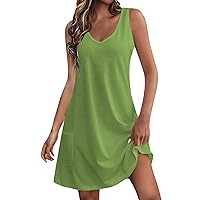 Trendy Tanks Spring Dresses for Womens Cocktail Drawstring Slim V Neck Women Solid Color Super Soft Thin Green S