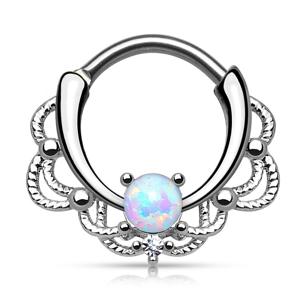 Pierced Owl - 16GA Stainless Steel Lacey Synthetic Single Opal Septum Clicker Ring