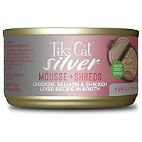 Tiki Cat Silver Comfort Mousse + Shreds, Chicken, Salmon & Chicken Liver Recipe, Immune System Support Formulated for Older Cats Aged 11+, Senior Wet Cat Food, 2.4 oz Cans (Pack of 12)