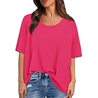 Short Sleeve Summer Beach Top Women's Oversize Boho Cotton Crew Neck Loose Fit Tops Peplum Comfort Solid Color T Shirt for Ladies Hot Pink