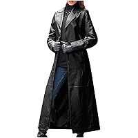 INESVER Womens Leather Long Sleeve Jacket Dress Full Zipper Leather Long Jacket Coats Fashion Lapel Collar Outwear