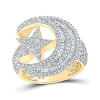 The Diamond Deal 10kt Yellow Gold Mens Baguette Diamond Crescent Moon Star Ring 2-1/3 Cttw