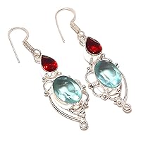 Girls Jewelry! Blue Topaz and Garnet Quartz HANDMADE Sterling Silver Plated EARRING 2.25