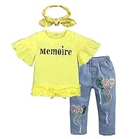 Children's Suit,Girls' Letter Yellow Trumpet Sleeves Tops,Beaded Jeans and Headbands Three-Piece Suits.