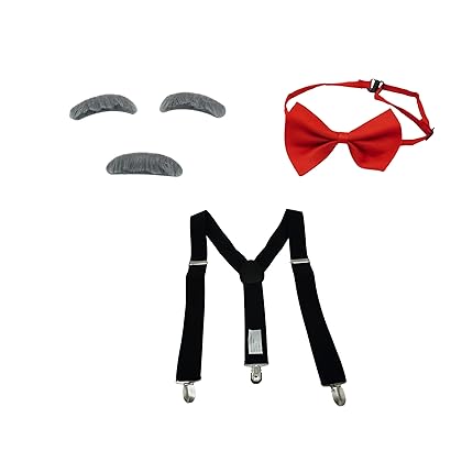 4E's Novelty Kids Old Man Costume Set - Includes Suspenders, Gray Fake Mustache & Eyebrows, Bow Tie - 100 Days of School Costume for Boys, Old Man Costume for Kids