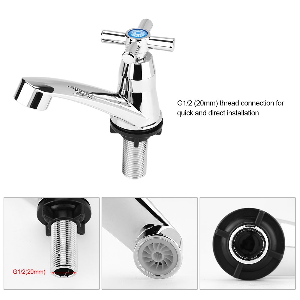 Haofy Cold Water Faucet, Waterfall Spout Faucet, Bathroom Sink Faucet Centerset with Drain Assembly, Single Cold Faucet Water Tap Bathroom Basin Kitchen Sink Accessories(Cross G1/2)