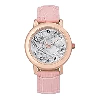 White Marble Texture Pattern Womens Watch Round Printed Dial Pink Leather Band Fashion Wrist Watches