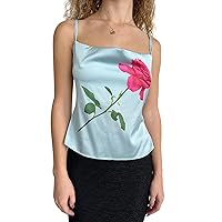 Women’s Floral Silk Tank Tops Spaghetti Strap Satin Cami Tops Backless Square Neck Camisole Summer Streetwear