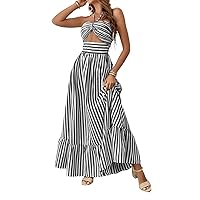 Fall Dresses for Women Striped Print Cut Out Ruffle Hem Halter Maxi Dress