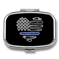 Love Blue Line USA Flag Heart Square Pill Box for Purse Pocket 2 Compartment Medicine Tablet Holder Organizer Decorative Pill Case