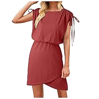 XJYIOEWT Petite Dresses for Women,2024 Summer Dress Drawstring Cap Sleeve Crew Neck Wrap Bodycon Dresses Mini Short Dre