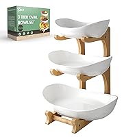 SEVEN SPARTA 3 Tier Fruit Bowl for Kitchen Counter (PLUS edition) / Ceramic Serving Bowls with Bamboo Stand/Big Size Tiered Fruit Basket for Fruit Vegetable Storage, Dessert, Salad Buffet Server