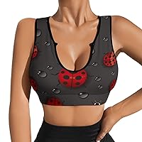Red Ladybugs on Dark Women's Sports Bra Workout Yoga Tank Top Padded Support Gym Fitness