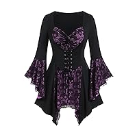 Womens Medieval Lace Tops Blouses for Women Spaghetti Strap 3/4 Butterfly Bell Sleeve Long Victorian Gothic Shirts 2024
