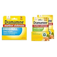 Dramamine Original, Motion Sickness Relief, 36 Count & Non-Drowsy, Motion Sickness Relief, Made with Natural Ginger, 18 Count, 2 Pack
