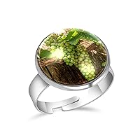 Grapes Fruit Green Hanging Grape Leaves Vines Adjustable Rings for Women Girls, Stainless Steel Open Finger Rings Jewelry Gifts