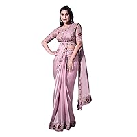 Pink Satin Crepe Sequins & Designer Blouse One minute saree Ready to wear sari 7970