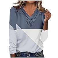 Dressy Tops for Women Long Sleeve Color Block Blouse Shirt Casual Tee Shirt V Neck Button Spring Tshirt Loose Tops