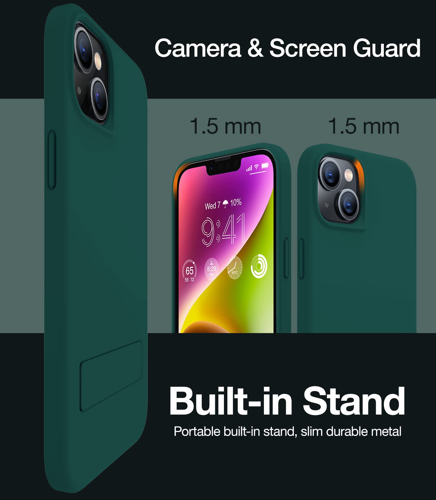 TORRAS 2023 New for iPhone 14 Plus Phone Case with Kickstand,[3 Stand Ways Kickstand][10FT Military Grade Drop Tested] Soft-Touch Slim Silicone iPhone 14 Plus Case for Women for Men,Midnight Green