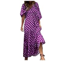 Women's Summer Dress Elegant Bubble Sleeve V Neck Tiered Maxi Dresses Trendy Floral Printed Flowy Swing Party Dress