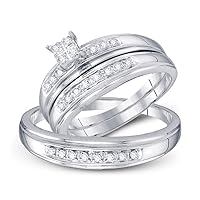10kt White Gold His & Hers Round Diamond Square Cluster Matching Bridal Wedding Ring Band Set 1/5 Cttw