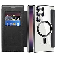 for Samsung Galaxy s24 Ultra Case Card Holder Wallet Pu Leather Flip Cover Clear Lens Protector [Compatible with Magsafe ] Magnetic Funda para S 24 Ultra 6.8 '' 2024 Best Phone Case (B-Black)