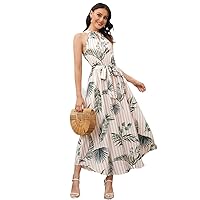 Women's Casual Dresses Keyhole Neck Tie Back Belted Tropical & Striped Dress Charming Mystery Special Beautiful (Color : Multicolor, Size : X-Small)