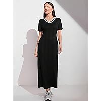 Women's Dresses Striped Trim V Neck Dress Dress for Women (Color : Black, Size : Small)
