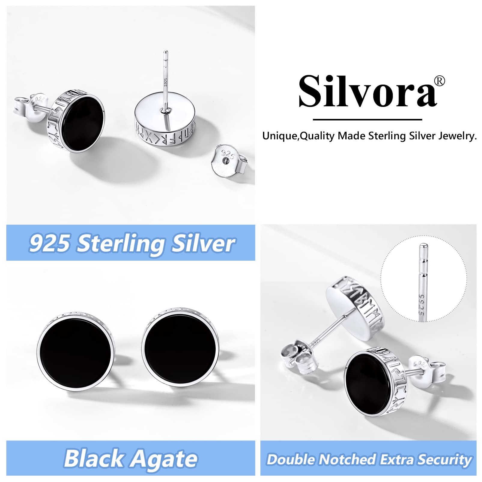 Silvora 925 Sterling Silver Viking Runes Earrings Black Onyx Stud Earrings for Men Women