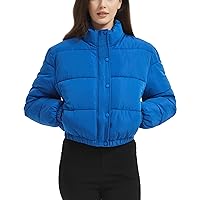 Flygo Women's Cropped Puffer Jacket - Full Zip Padding Warm Quilted Jackets Winter Coats(Blue-XL)